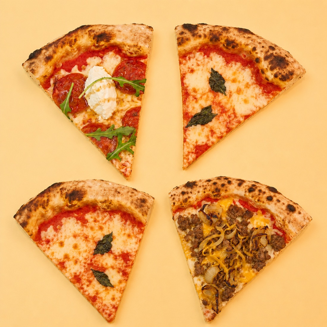 Vier verschiedene Pizza-Slices